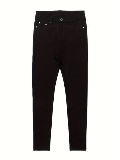 Women's High Waist Stretch Jeans - Street Style Skinny Denim Pants with Metal Button Details, Plain Black Casual Fashion