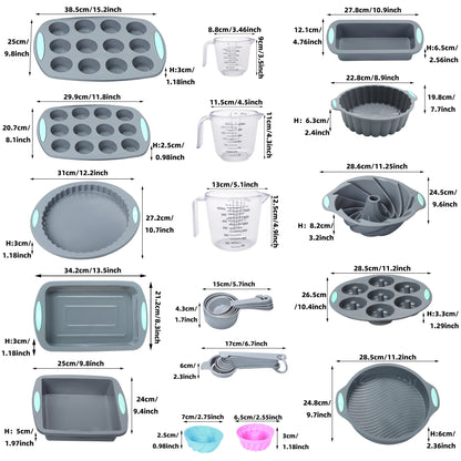 45pcs Silicone Baking Set - Nonstick Bakeware for Cookies, Cakes, Muffins, Bread, Pizza, Mini Cupcakes, Bundt, Charlotte Cake Pan, Includes Measuring Cups & Spoons, Baking Tools