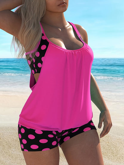 Polka Dot Print 2-Piece Tankini Set - Round Neck with Boxer Shorts, Women's Swimwear and Clothing