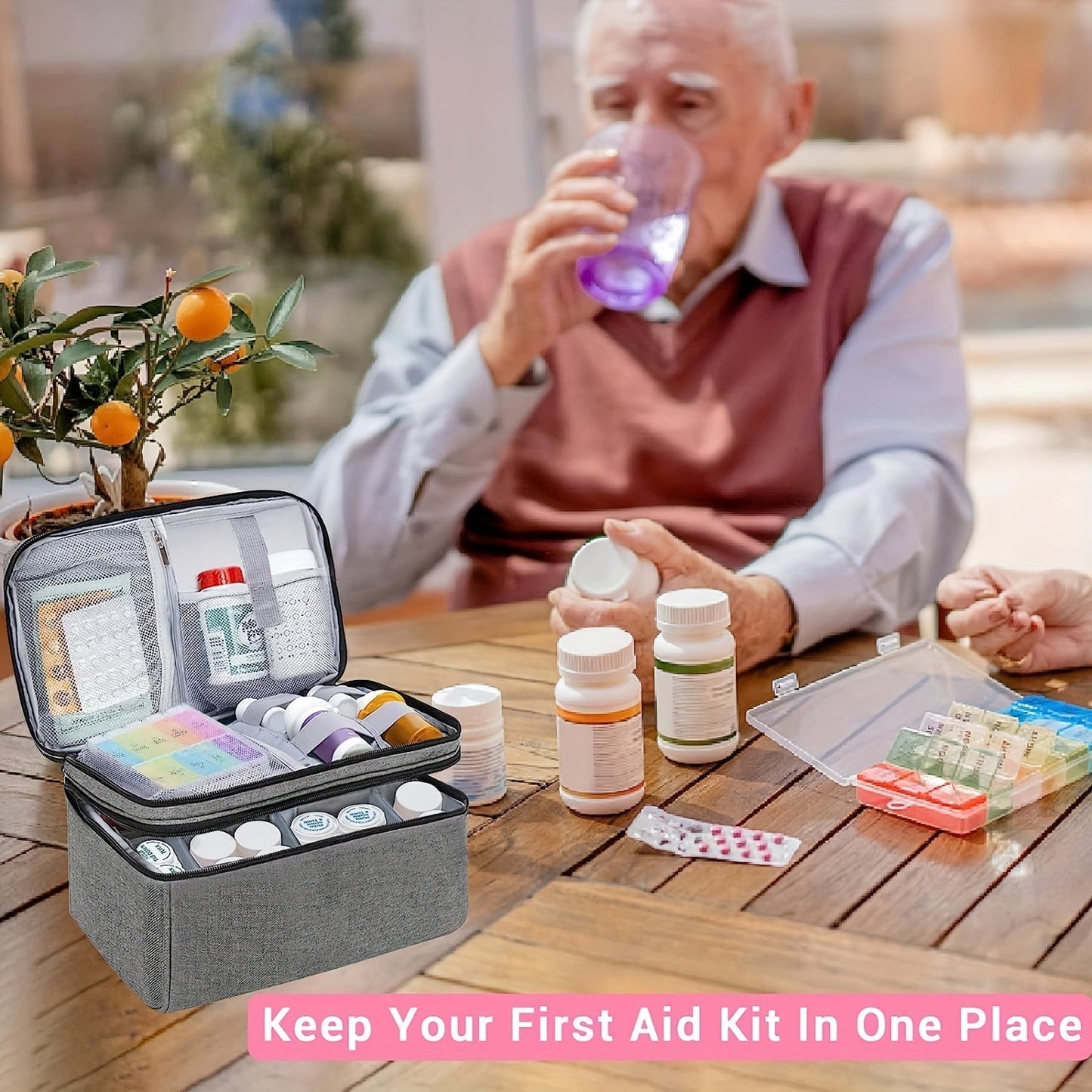 Medicine Organizer and Storage Bag - Family First Aid Box for Emergency Medications, Supplements, and Medical Kits - Zippered Bag for Home and Travel (Gray)