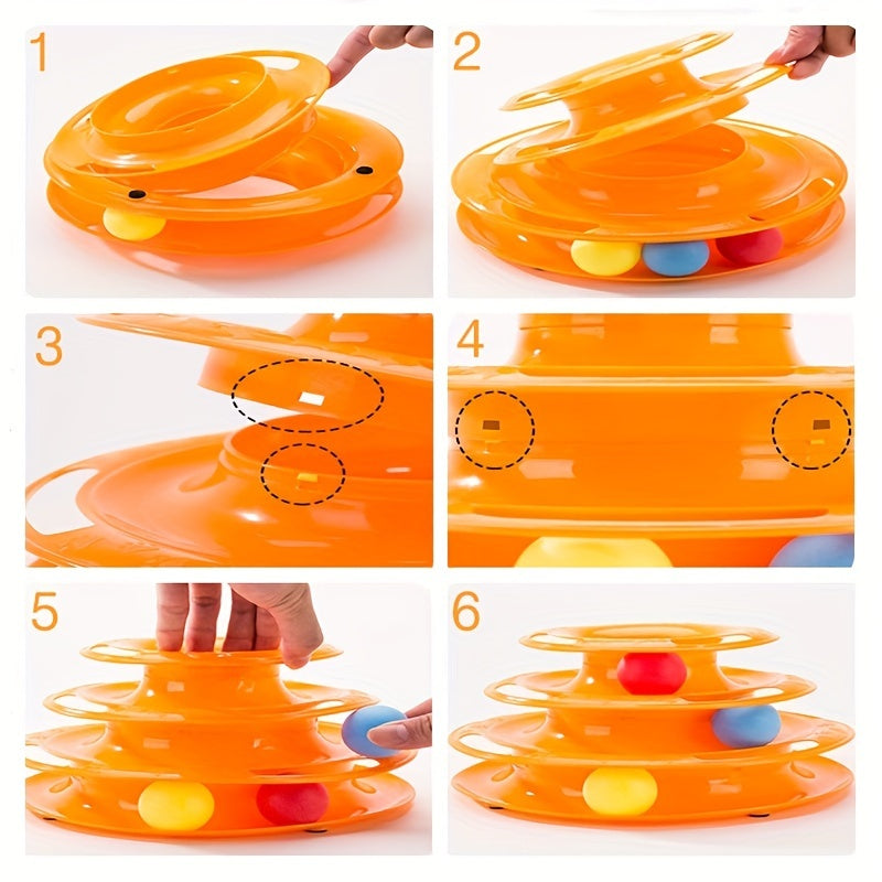 Interactive Cat Toy Tower with Rotating Balls - Durable Plastic Three-Level Track and Ball Play Structure, Entertaining and Stimulating Pet Activity Center, No Batteries Needed, Assorted Ball Colors