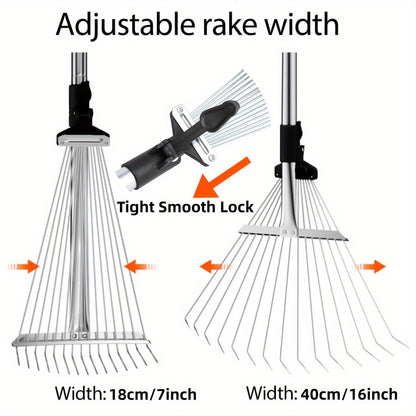 Adjustable Metal Leaf Rake with Long Handle - Heavy-Duty Garden Rake for Lawns, Expandable Head for Leaves, Perfect for Women, Kids, Gardening, and RV Camping