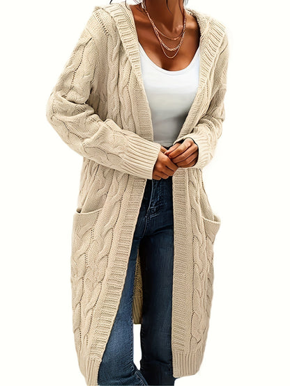 Solid Open Front Cable Knit Hooded Cardigan – Casual Long Sleeve Mid-Length Sweater with Pocket for Women