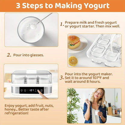 9 Cup Automatic Greek Yogurt Maker - Temperature and Time Control, Glass Jars for Easy Cleaning, Perfect for Homemade Yogurt and Healthy Snacks