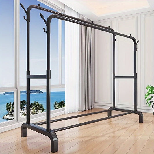Adjustable Metal Clothes Rack – Heavy-Duty Hanging Organizer with Top Rod and Lower Storage Shelf, Black, for Bedroom and Living Room