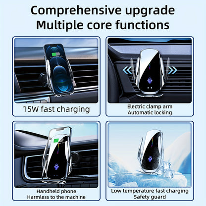 Wireless Car Charger with Automatic Phone Holder – 15W Fast Charging, 360° Rotation, Secure Grip – Compatible with iPhone 14/13/12/11 Pro/Max and Samsung Galaxy S23/S22/S21/S20