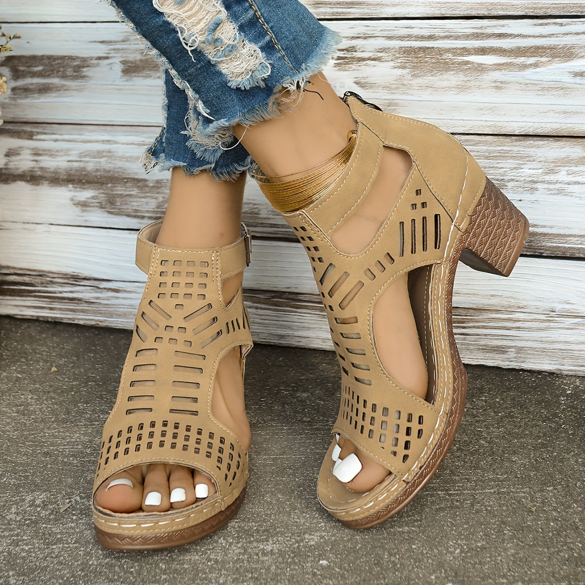 Chic Hollow-Out Wedge Sandals with Thick Sole & Zip Closure - Comfortable Summer Footwear