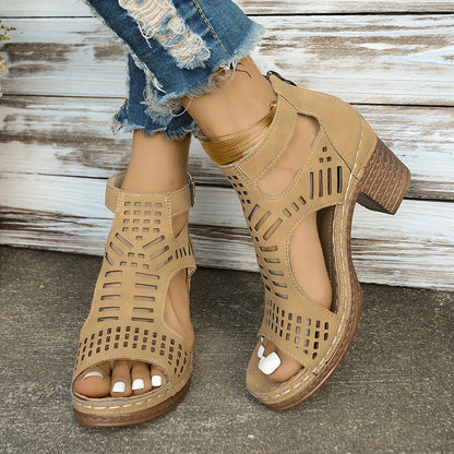 Chic Hollow-Out Wedge Sandals with Thick Sole & Zip Closure - Comfortable Summer Footwear