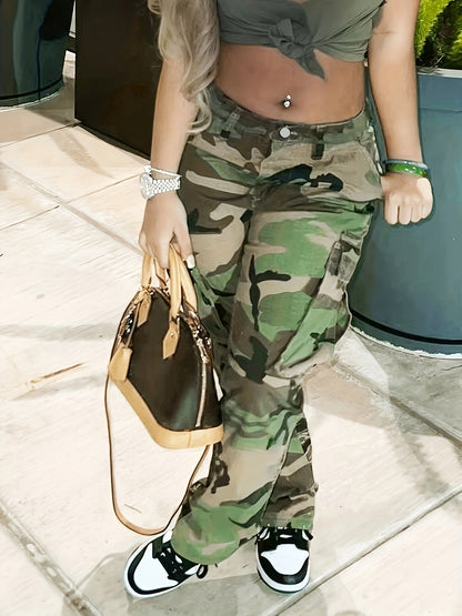 Fashionable High-Waist Camouflage Cargo Jeans – Sleek Straight Fit with Medium Stretch & Stylish Flap Pockets – Trendy High-Rise Denim Pants for Women