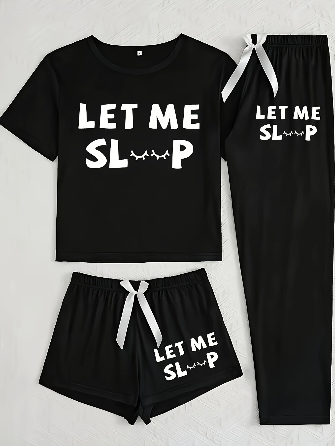 Women's 3-Piece Casual Pajama Set with Letter Print - Includes Short Sleeve Top, Long Pants and Shorts