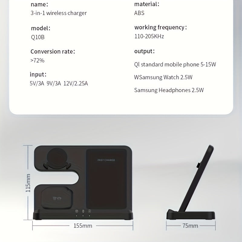 3 in 1 Fast Wireless Charger Stand - Compatible with Samsung Galaxy S24/S23 Ultra, Z Flip/Fold Series, Galaxy Watch 7/6/5 Pro, and Galaxy Buds 2 Pro