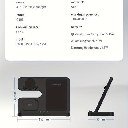 3 in 1 Fast Wireless Charger Stand - Compatible with Samsung Galaxy S24/S23 Ultra, Z Flip/Fold Series, Galaxy Watch 7/6/5 Pro, and Galaxy Buds 2 Pro