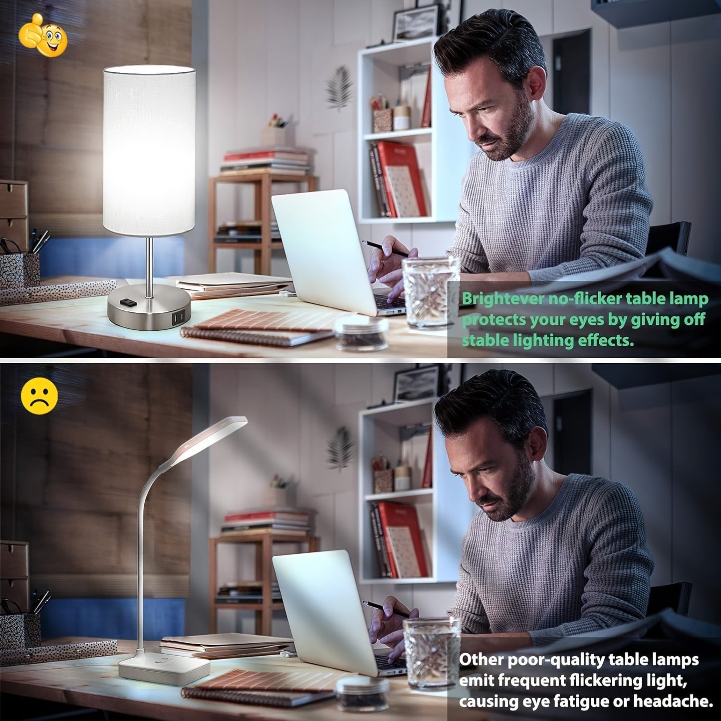 Set of 2 Touch Control Table Lamps with USB Ports and AC Outlet – 3 Way Dimmable Bedside Lamps with White Fabric Shade for Bedroom and Living Room, A19 LED Bulbs Included