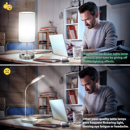 Set of 2 Touch Control Table Lamps with USB Ports and AC Outlet – 3 Way Dimmable Bedside Lamps with White Fabric Shade for Bedroom and Living Room, A19 LED Bulbs Included