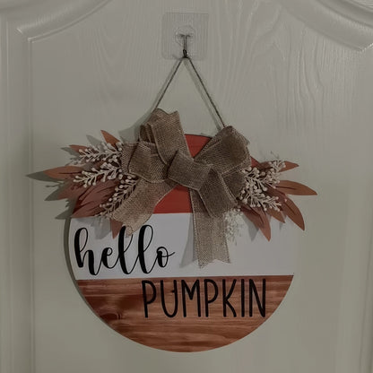 Rustic Wooden Hello Pumpkin Sign – Round Autumn Door Hanger with Bow and Foliage for Fall Harvest Home Decor