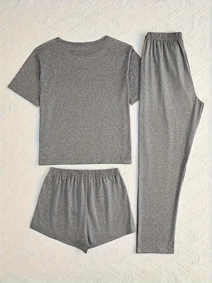 Women's 3-Piece Casual Pajama Set with Letter Print - Includes Short Sleeve Top, Long Pants and Shorts