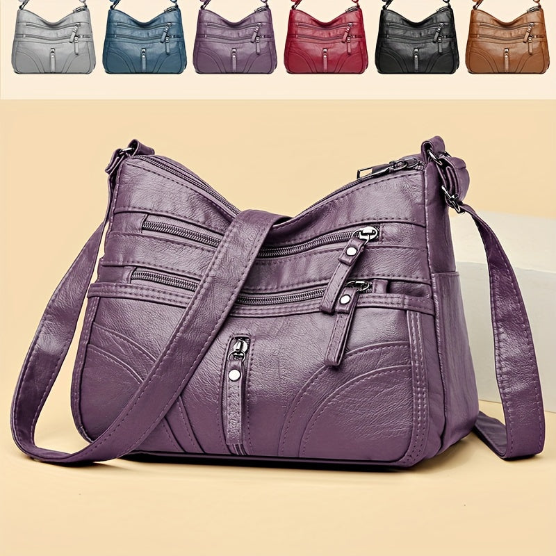 Women's Soft Faux Leather Crossbody Bag - Casual Style Shoulder Purse with Multi Pockets, Adjustable Strap, and Zipper Closure