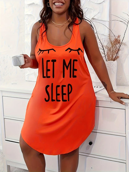 Women's Plus Size Casual Sleep Dress – Eyelash and Letter Print Racerback Tank Nightdress