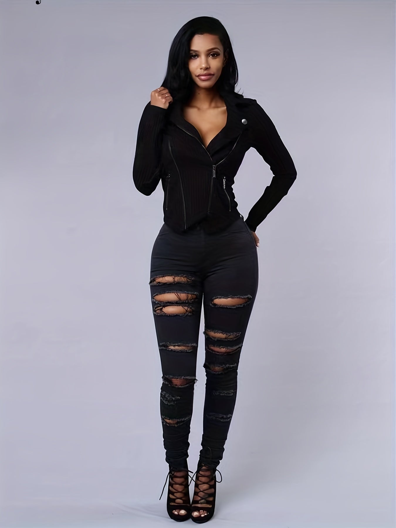 Women's Ripped High-Stretch Distressed Jeans – Slim Fit Solid Color Denim Pants with Zipper Button Closure