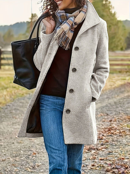 Women's Single-Breasted Overcoat - Solid Color Long Sleeve Casual Outerwear for Fall and Winter