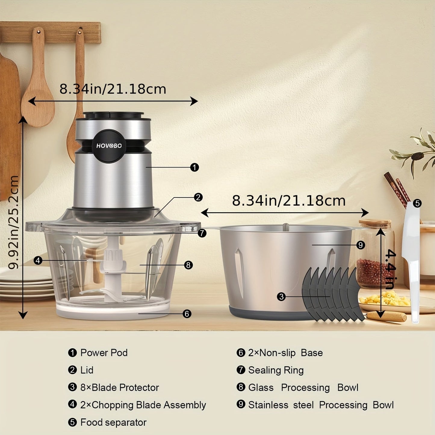 500W Food Processor – Electric Meat Grinder with 2 x 8-Cup Bowls, Bi-Level Blades, 2 Speed Settings – Ideal for Vegetables, Meat, Nuts, and Baby Food, Black