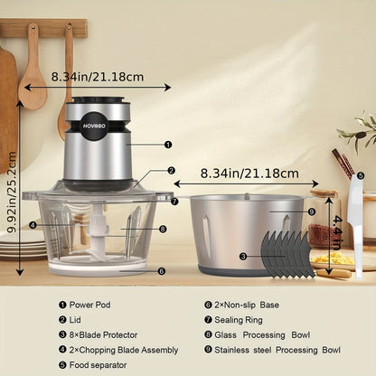 500W Food Processor – Electric Meat Grinder with 2 x 8-Cup Bowls, Bi-Level Blades, 2 Speed Settings – Ideal for Vegetables, Meat, Nuts, and Baby Food, Black