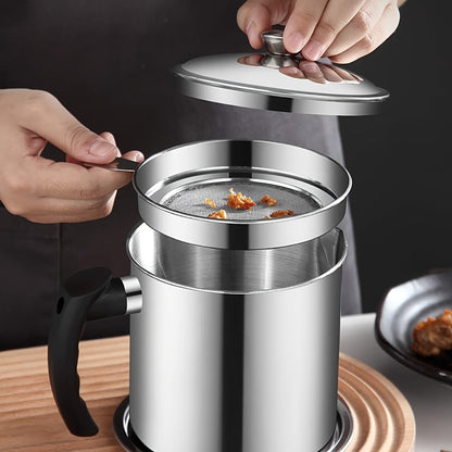 1.8L Stainless Steel Kitchen Container with Strainer – Easy-Hold Storage for Cooking Oil & Grease, Ideal for Hotels, Restaurants & Bulk Kitchenware, Eid Al-Adha Mubarak