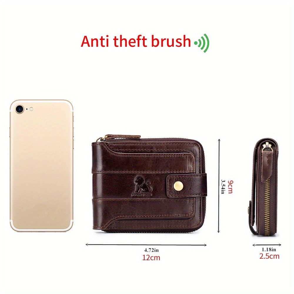 Men's Retro Genuine Leather Multi-Card Wallet with Zip - Large Capacity, Anti-Theft Design
