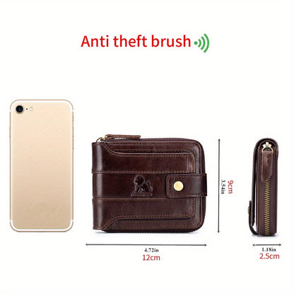 Men's Retro Genuine Leather Multi-Card Wallet with Zip - Large Capacity, Anti-Theft Design