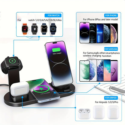 15W Fast Charging Station - Folding Wireless Charger Stand for Samsung, iPhone 15 14, 13, 12, 11/Pro/Max/Mini/Plus, X, XR, XS/Max, SE, 8/Plus, For Apple Watch 1-8, Airpods 3/2/Pro