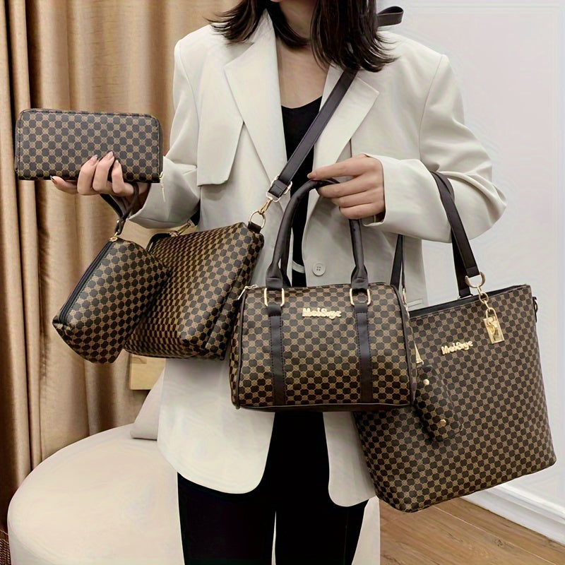 6pcs Fashion-Forward Geometric Bag Collection – Stylish Tote, Chic Boston Handbag, Versatile Crossbody, Spacious Wallet, Elegant Clutch and Key Holder Set for Women