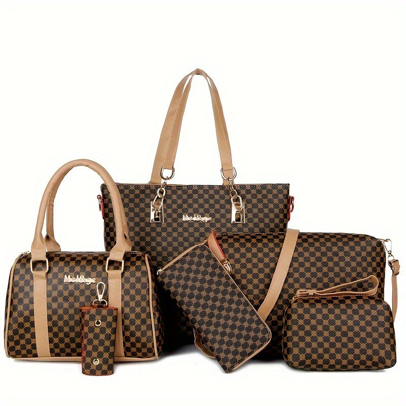 6pcs Fashion-Forward Geometric Bag Collection – Stylish Tote, Chic Boston Handbag, Versatile Crossbody, Spacious Wallet, Elegant Clutch and Key Holder Set for Women