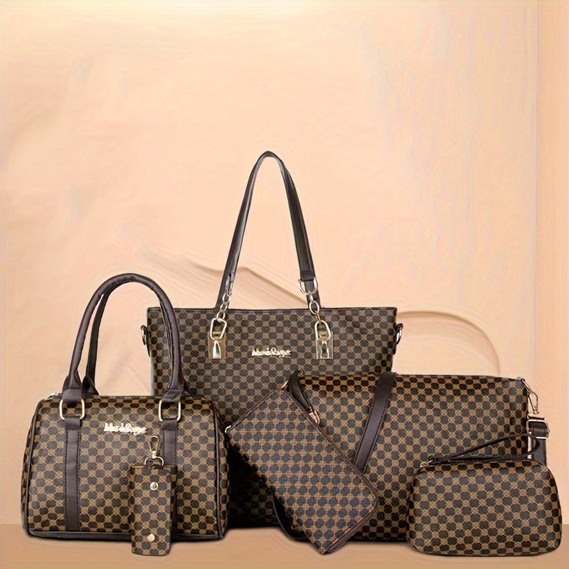 6pcs Fashion-Forward Geometric Bag Collection – Stylish Tote, Chic Boston Handbag, Versatile Crossbody, Spacious Wallet, Elegant Clutch and Key Holder Set for Women