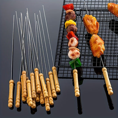10pcs Premium Stainless Steel BBQ Skewers with Wooden Handle – Multifunctional, Durable Grilling Needles for Outdoor Cooking – Perfect for Summer Parties and Family Gatherings