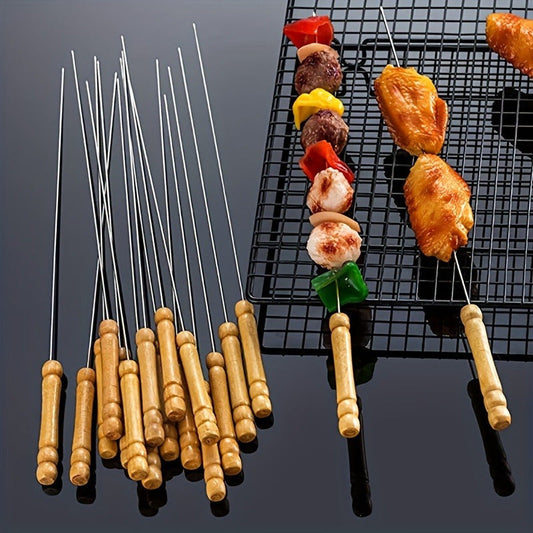 10pcs Premium Stainless Steel BBQ Skewers with Wooden Handle – Multifunctional, Durable Grilling Needles for Outdoor Cooking – Perfect for Summer Parties and Family Gatherings