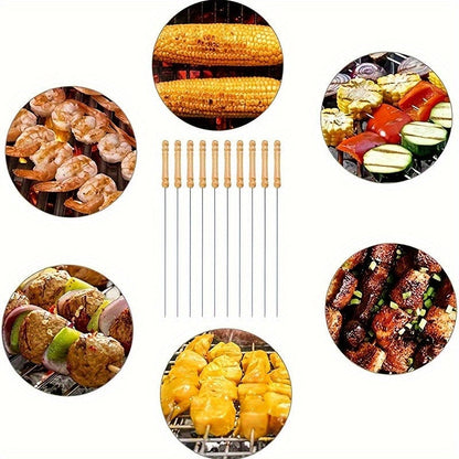 10pcs Premium Stainless Steel BBQ Skewers with Wooden Handle – Multifunctional, Durable Grilling Needles for Outdoor Cooking – Perfect for Summer Parties and Family Gatherings