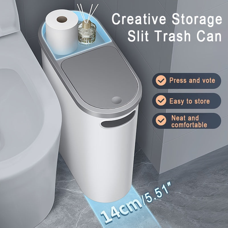 1pc Bathroom Trash Can - Household Creative Gap Waste Bin, Press Type with Lid, 2.64gal Capacity, Simple Paper Basket, Home Essential Cleaning Supply