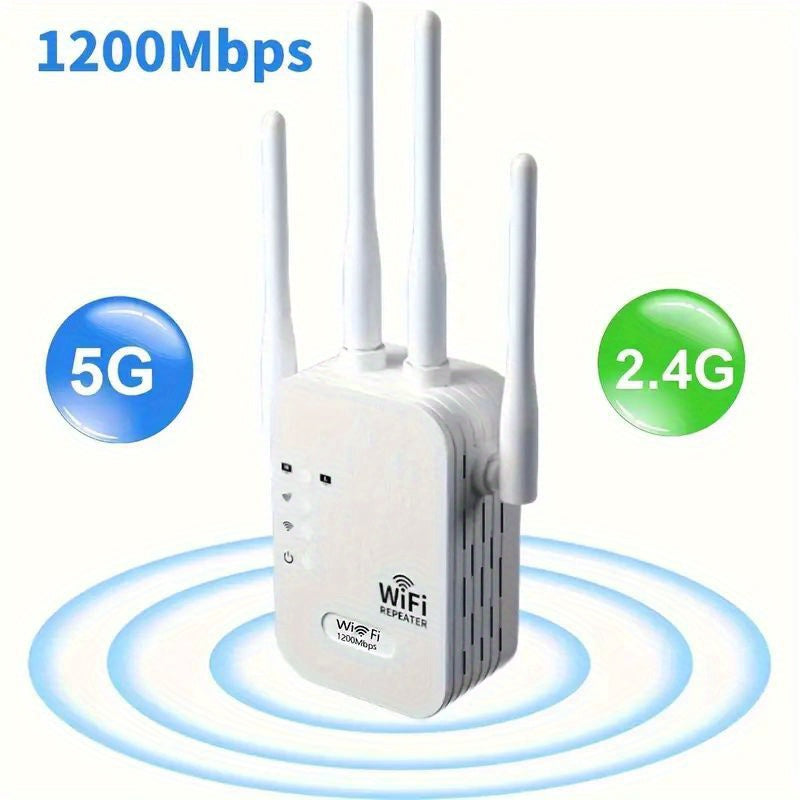 6X Stronger WiFi Extender - 1200Mbps Dual Band, 360° Coverage for 35 Devices, 4 Antennas, Ethernet Port