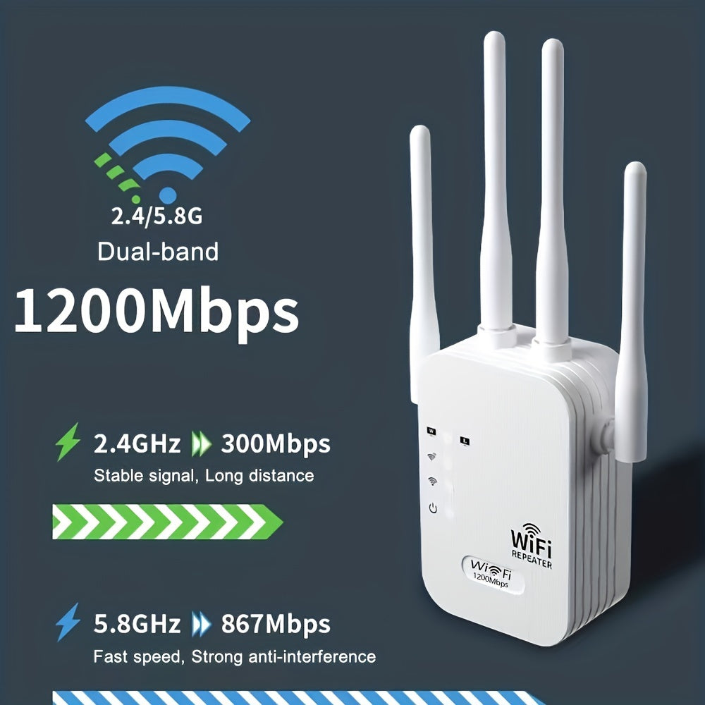 6X Stronger WiFi Extender - 1200Mbps Dual Band, 360° Coverage for 35 Devices, 4 Antennas, Ethernet Port
