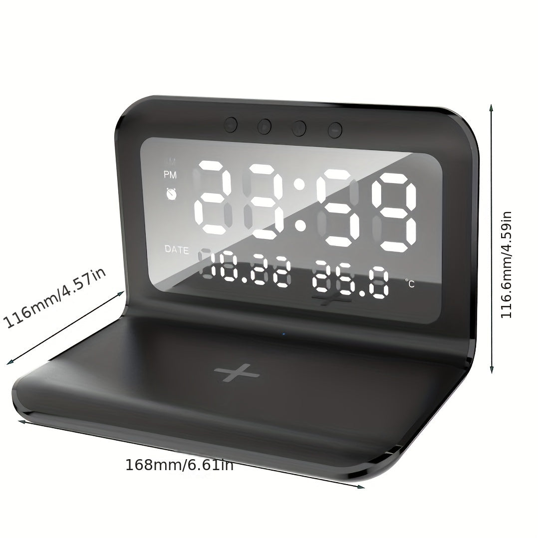 30W Fast Wireless Charger Pad Stand with Alarm Clock, Thermometer, and LED Display – Space-Saving Design for Home or Office