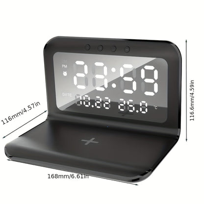 30W Fast Wireless Charger Pad Stand with Alarm Clock, Thermometer, and LED Display – Space-Saving Design for Home or Office
