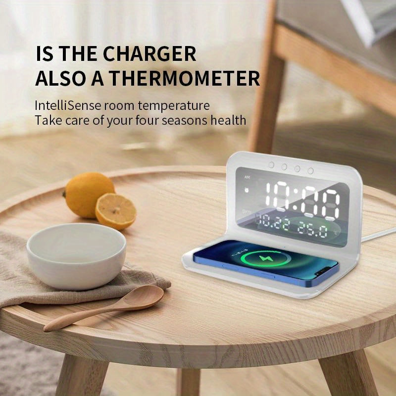 30W Fast Wireless Charger Pad Stand with Alarm Clock, Thermometer, and LED Display – Space-Saving Design for Home or Office