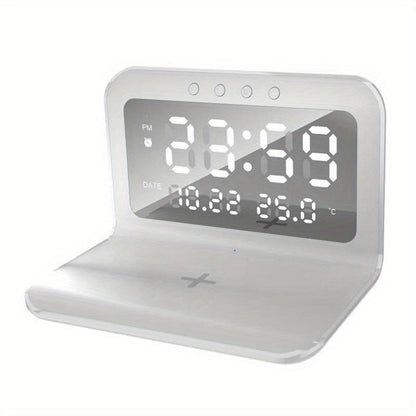 30W Fast Wireless Charger Pad Stand with Alarm Clock, Thermometer, and LED Display – Space-Saving Design for Home or Office