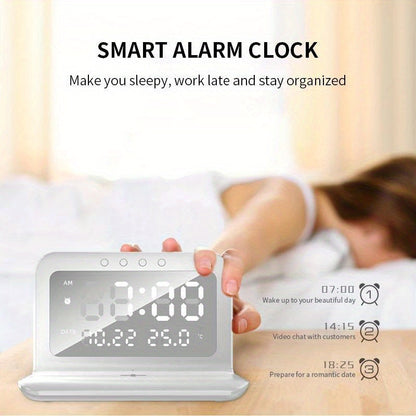 30W Fast Wireless Charger Pad Stand with Alarm Clock, Thermometer, and LED Display – Space-Saving Design for Home or Office