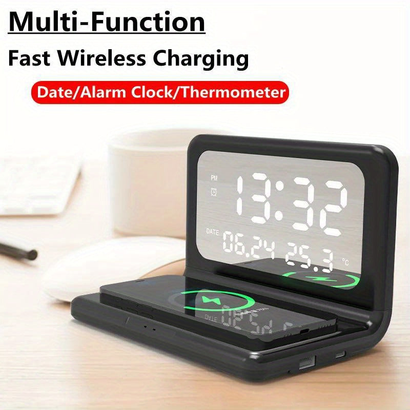 30W Fast Wireless Charger Pad Stand with Alarm Clock, Thermometer, and LED Display – Space-Saving Design for Home or Office