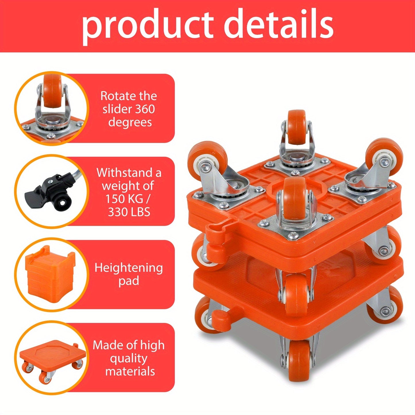 360° Swivel Design Heavy Duty Furniture Mover Set - 400KG/880LB Capacity, Carbon Steel Construction, 360° Rotation Wheels, Labor-Saving Lifter for Sofas, Refrigerators, Beds, and Appliances