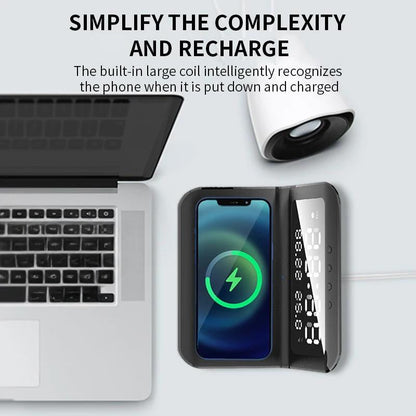 30W Fast Wireless Charger Pad Stand with Alarm Clock, Thermometer, and LED Display – Space-Saving Design for Home or Office