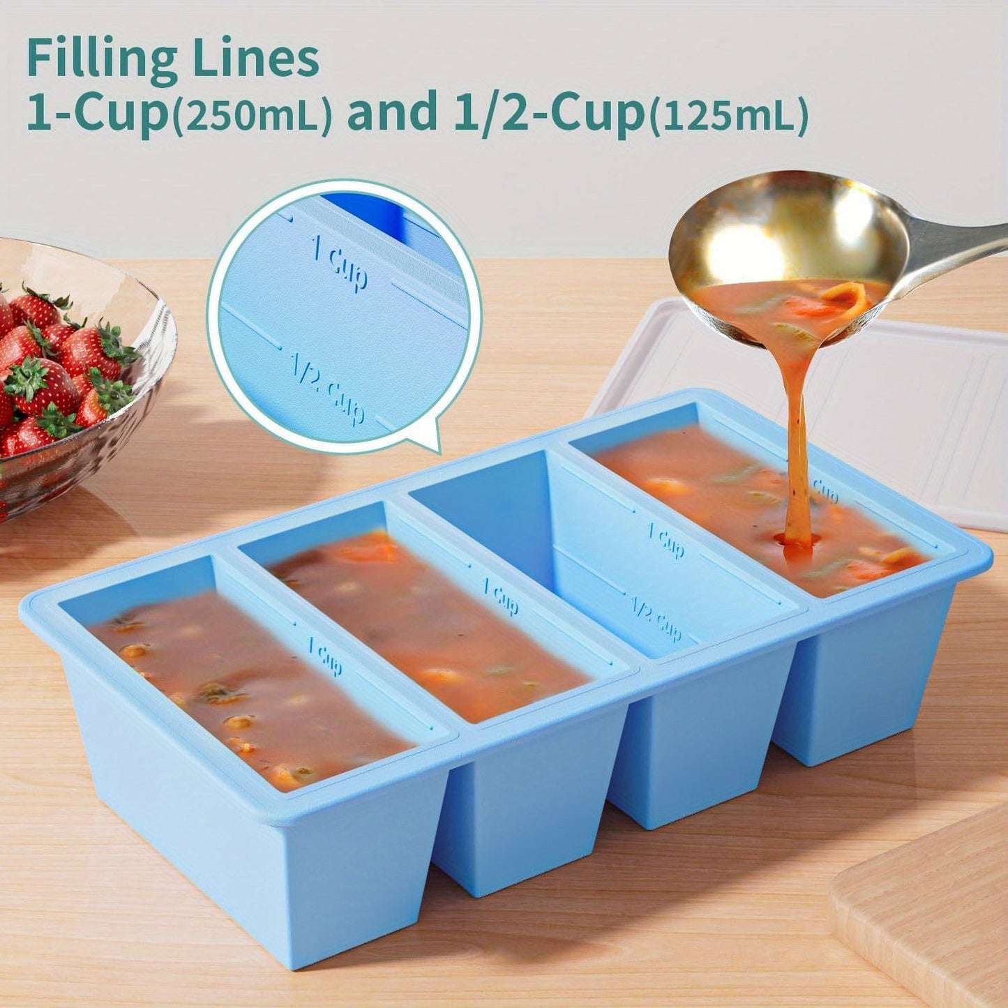 2 Pack Silicone Soup Freezer Trays with Lids – Water Blue, Ideal for Freezing Broth, Sauces & Kitchen Storage