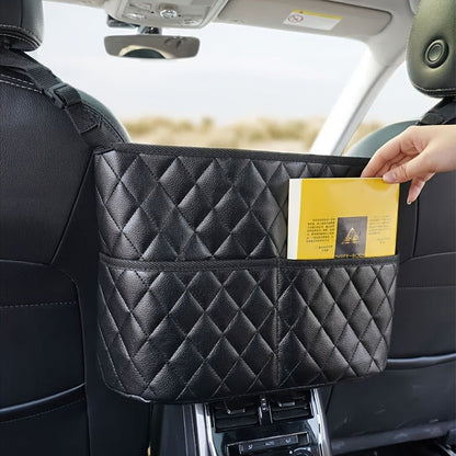 Large Capacity Car Seat Back Organizer – Durable Faux Leather Storage Net Bag for Vehicle Interior Accessories
