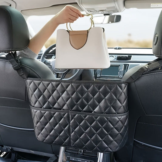 Large Capacity Car Seat Back Organizer – Durable Faux Leather Storage Net Bag for Vehicle Interior Accessories